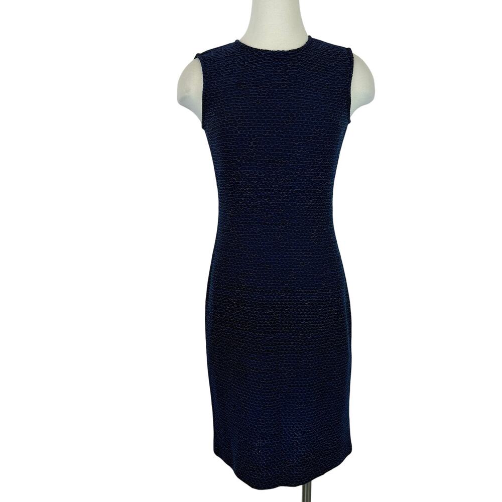 St. John Sleeveless Sheath Dress Knee-Length Navy Tweed Textured Navy Blue 4